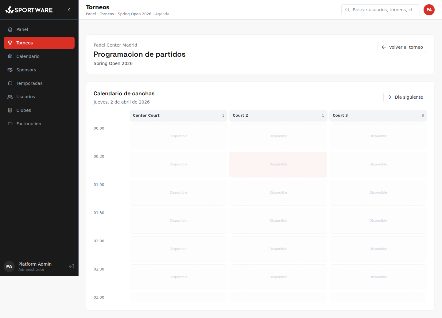 Calendario del torneo admin